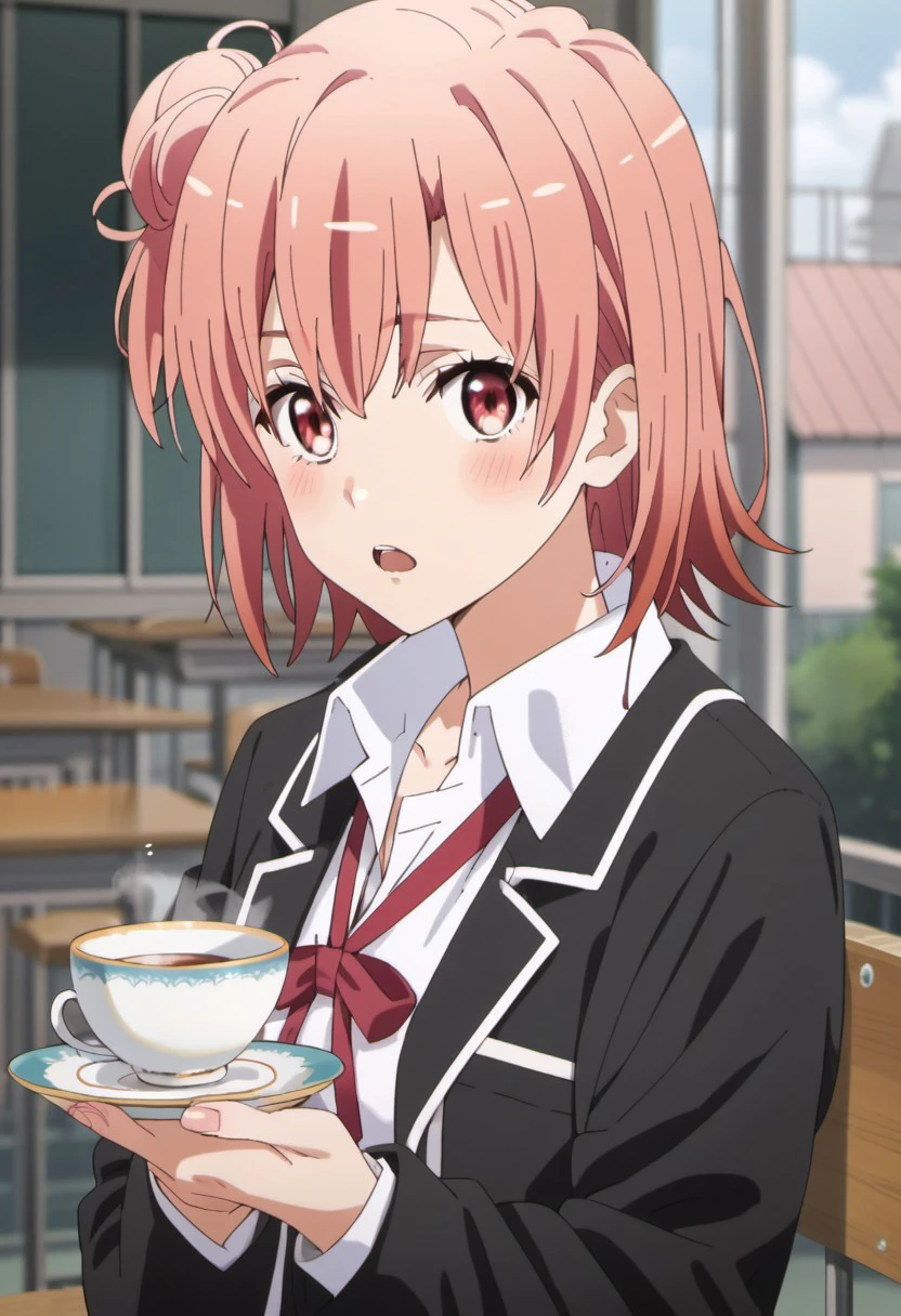 score_9, score_8_up, score_7_up, source_anime, yuigahama yui, pink hair, single hair bun, short hair, red eyes, 1girl, solo, school uniform, hair bun, open mouth, sobu high school uniform, jacket, black jacket, cup, blush, teacup, looking at viewer