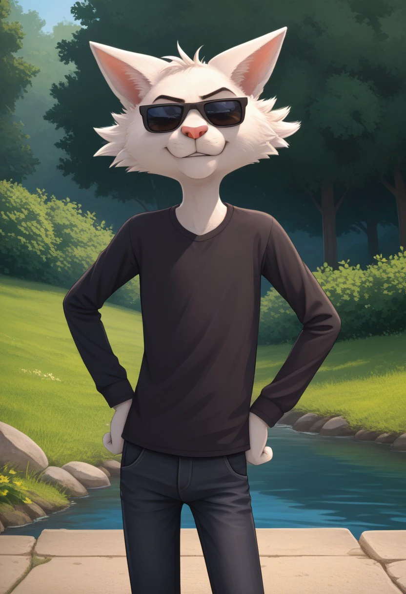 score_9, score_8_up, score_7_up, cartoon_style, ((by BodiPhant0m)), byBodiRDz, 4k, 8k, The best quality, very well drawn, detailed,
high quality, detailed, 4k, high resolution, high quality, high resolution, outdoors, furry character, canine, 2d, solo, against the backdrop of the river,
rockdog, angus,
style rock dog, movie style, style[rockdog], rockdog, male, cat, cat boy, angus,
anthropomorphic Persian cat with a very slender build,
white fur, a pink nose, red well-groomed claws, and it is revealed
that he has heterochromia, as he has different colored eyes - the right eye is blue,
and the left eye is brown, Angus's outfit consists of a black long-sleeved shirt,
dark gray jeans and black sunglasses,
detailed muzzle\face, detailed character,
(sexy), naked, exposed, easynegative, Split Lighting style, partially covered in shadow,
hands on hips, evil smile, (angry), (smile),
(laughter),