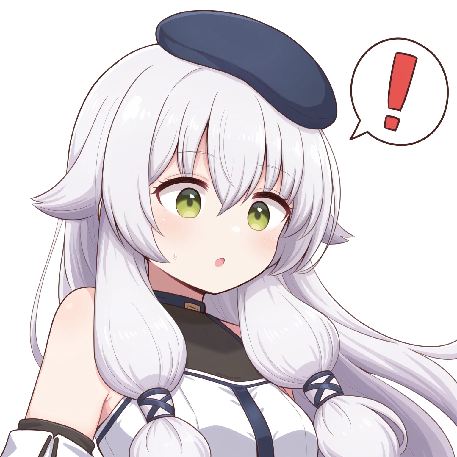masterpiece, best quality, amazing quality, very aesthetic, absurdres, (naga_u:0.7), (subaru \(subachoco\):0.4), (e.o.:0.4)
1girl, solo,
<lora:AltinaKai_Illustrious:1>, Altina Orion, white hair, long hair, tress ribbon, sidelocks, green eyes, small breasts, beret, white dress, detached sleeves, black pantyhose, white boots,,
white background, simple background, upper body, portrait, surprised, shocked, !, exclamation mark, speech bubble , , looking to the side ,, , cute,