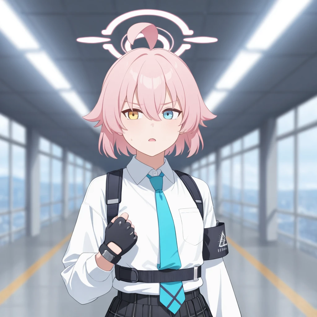 masterpiece, best quality, amazing quality, very aesthetic, high resolution, ultra-detailed, absurdres, newest, scenery, {Prompt}, BREAK, depth of field, masterpiece, best quality, amazing quality, very aesthetic, high resolution, ultra-detailed, absurdres, newest, scenery, volumetric lighting, takanashi_hoshino/(BA/),pink halo,1girl,pink_hair,short_hair,hair_between_eyes,halo,blue_eyes,yellow_eyes,heterochromia,armband,fingerless_gloves,long_sleeves,necktie,shirt,small_breasts