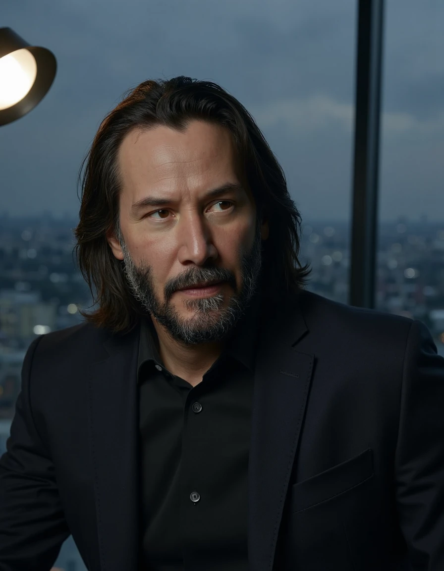 k34nu0ld3r, a bearded man with long dark greying hair, sitting in a modern office with floor-to-ceiling windows overlooking a cityscape, his face illuminated by the soft glow of a desk lamp <lora:Keanu-Reeves_F1D_v01e07:1>, sleek and professional mood, detailed textures, atmospheric lighting, refined and confident presence, detailed skin texture, (blush:0.2), (goosebumps:0.3), subsurface scatteringâââ