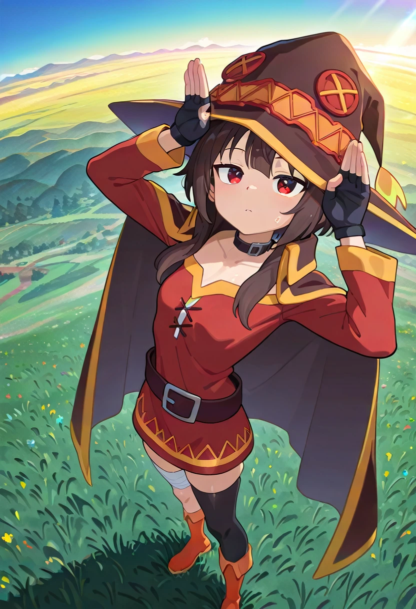 1girl, megumin, red eyes, short hair with long locks, brown hair,
red dress, black choker, fingerless gloves, belt, black gloves, single thighhigh, black thighhighs, bandaged leg, boots, collar, cape, witch hat,
rabbit pose,
perspective,
looking at viewer, looking up,
dynamic pose, arched back, standing,
from above, dutch angle,
outdoors, grass, sky,
colorful, shiny skin,
masterpiece, best quality, amazing quality, very aesthetic, absurdres, newest, scenery, (volumetric lighting:1.1), depth of field <lora:Rabbit_pose:1>