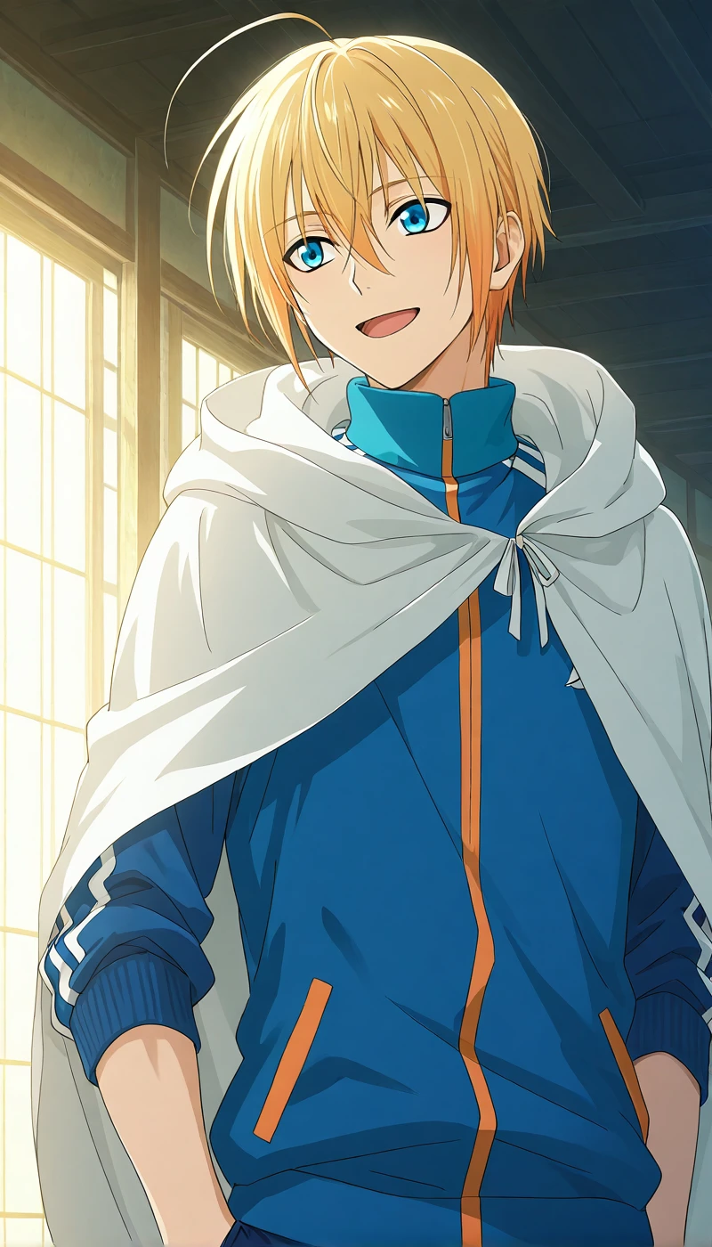 score_9, score_8_up, score_7_up, source_anime, highres, (masterpiece, best quality,cinematic lighting, (anime, anime coloring:1.3),1boy,solo,male focus,yamanbagiri kunihiro,blonde hair,blue eyes,hooded cloak,smile,track jacket,track clothes,open mouth