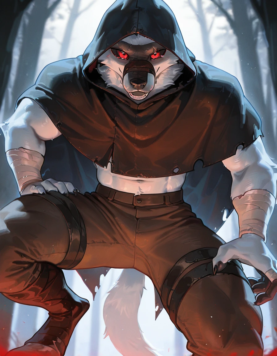 deathwolf (puss in boots, the last wish), anthro with white fur, sleeveless shirt, bare abs, tight shorts, black shorts, golden-eyes, full body, proportional limbs, proportional hands, 5 fingers, proportional paws, 4 toes, black pawpads, black claws, proportional claws, at forest, at night, petals falling, (best quality, 4k, 8k, highres, masterpiece:1.2), ultra-detailed, HDR, UHD, sharp focus, professional, vivid colors