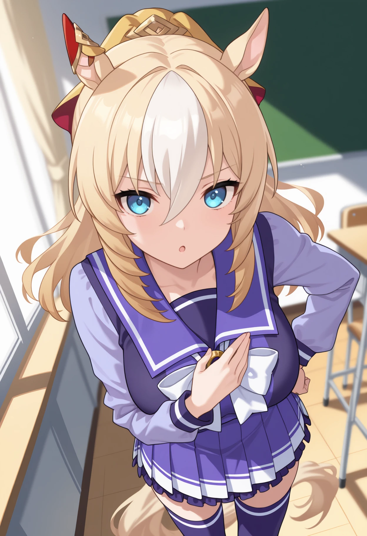 masterpiece, best quality, solo, 1girl, horse tail, :o, looking at viewer, standing, hand on own chest, hand on own hip, long hair, streaked hair, blonde hair, white hair, hair between eyes, animal ears, ear ornament, blue eyes, tracen school uniform, winter uniform, purple shirt, purple sailor collar, white bowtie, horseshoe ornament, long sleeves, purple skirt, pleated skirt, purple thighhighs, large breasts, indoors, classroom
<segment:yolo-Anzhc Face seg 640 v2 y8n.pt,0.4,0.5//cid=1>