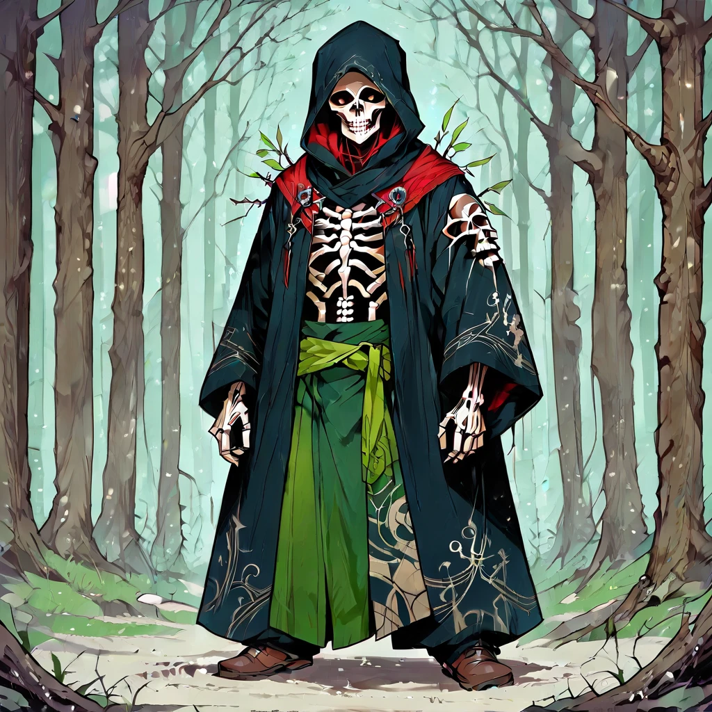 solo, male focus, tattoo, hood, hood up, 1boy, skull, skeleton, tree, weapon