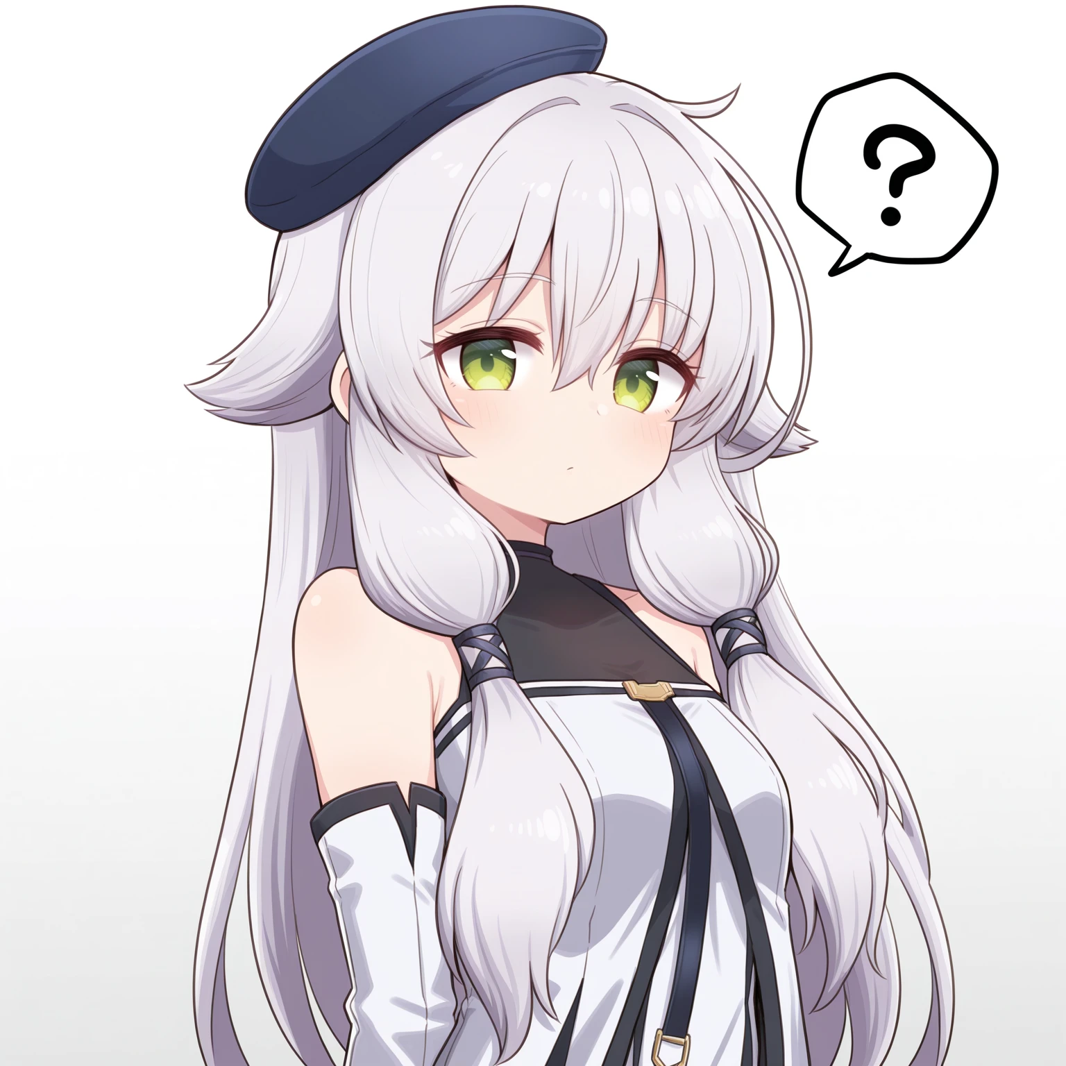 masterpiece, best quality, amazing quality, very aesthetic, absurdres, (naga_u:0.7), (subaru \(subachoco\):0.4), (e.o.:0.4)
1girl, solo,
<lora:AltinaKai_Illustrious:1>, Altina Orion, white hair, long hair, tress ribbon, sidelocks, green eyes, small breasts, beret, white dress, detached sleeves, black pantyhose, white boots,,
white background, simple background, upper body, portrait, confused, question mark, looking at viewer , speech bubble , ,, , cute,