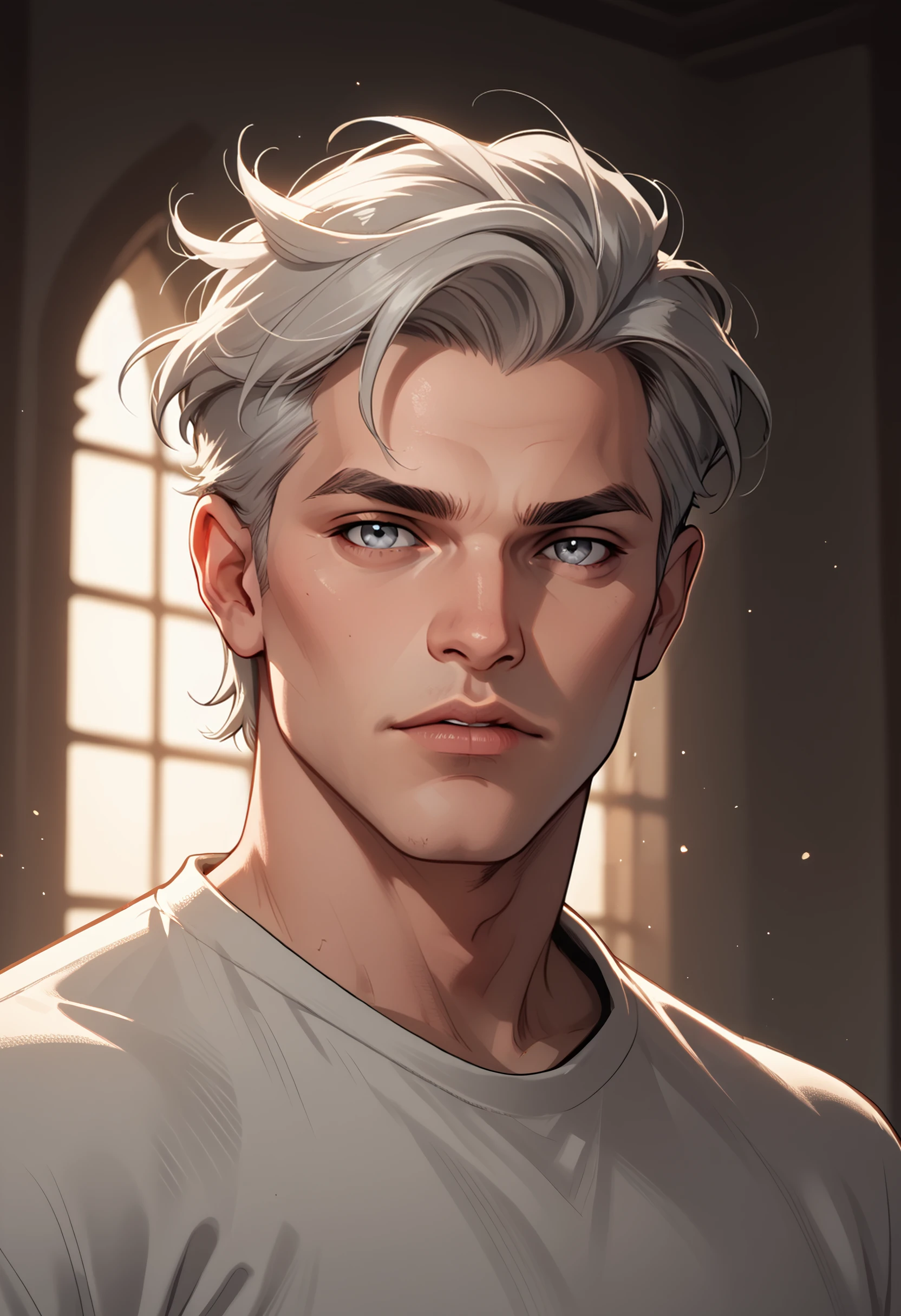 PonyXLV6_Scores 1boy, male focus, solo, parted lips, grey eyes, looking at viewer, white hair, portrait, grey hair, cinematic lighting, cinematic angle, extremely detailed