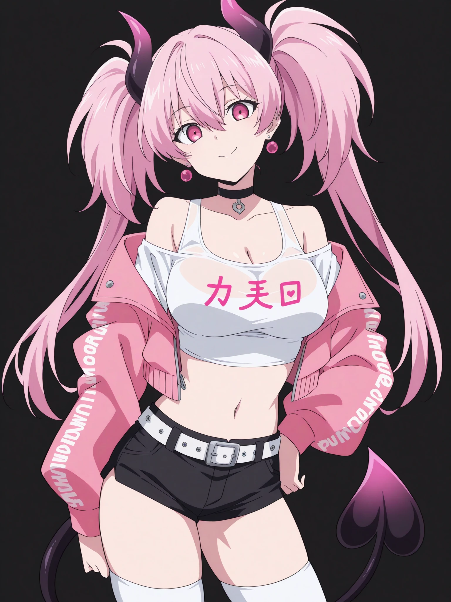 1girl, solo, breasts, tail, pink_hair, horns, demon_tail, shorts, jacket, twintails, large_breasts, smile, looking_at_viewer, long_hair, navel, choker, black_background, pink_eyes, short_shorts, belt, demon_girl, pink_jacket, demon_horns, simple_background, tank_top, open_jacket, cleavage, black_shorts, open_clothes, thighhighs, off_shoulder, bare_shoulders, closed_mouth, head_tilt, hair_between_eyes, cowboy_shot, jewelry, micro_shorts, collarbone, black_choker, white_thighhighs, crop_top, bangs, earrings, clothes_writing, shirt, midriff, standing, see-through, contrapposto, long_sleeves,
<lora:One_Punch_Man_Illustrious_SD8:1>