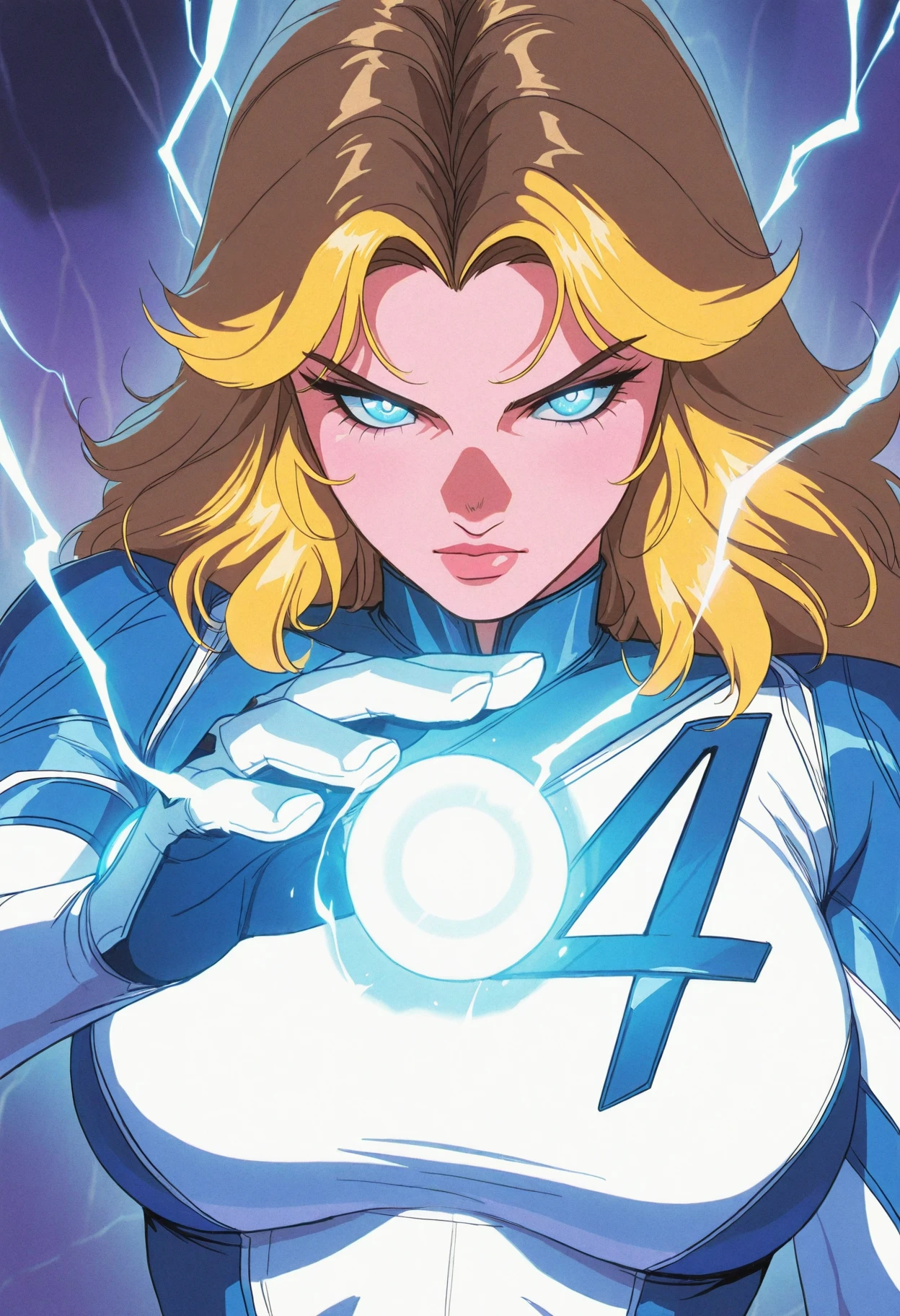 suest0rm, melanch0ly, close up, 1girl, susan storm, fantastic four, long blonde hair, glowing blue eyes, large breasts, magic, glowing orb, blue lightning, 1990s, retro anime, best quality, masterpiece, <lora:SueStormInvisibleWomanv2:0.8>, <lora:MelancholyAnime:1>
