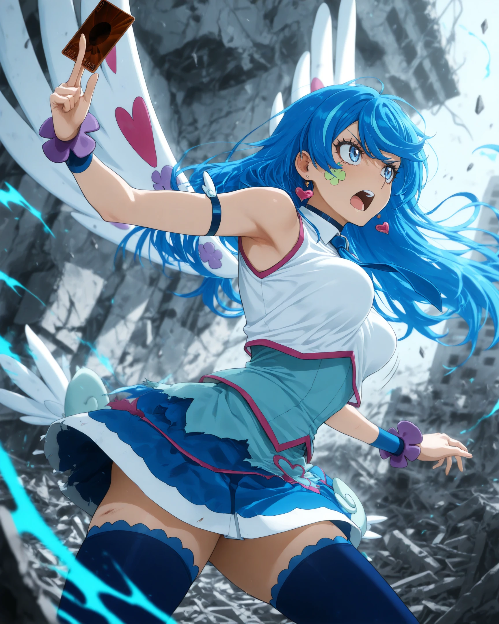 masterpiece, best quality, high resolution, absurdres,1girl,newest,kubo tite \(style\),explicit,anime coloring,(flat color:1.2),
<lora:AoiZaizen_ill_v1:1>,looking away,(from side:0.6),
BLUEANGEL,blue hair,long hair,hair down,heart earrings,facial tattoo,four-leaf clover tattoo,choker,collar,sleeveless shirt,white shirt,wings,blue necktie,blue skirt,arm strap,cuffs,
blue thighhighs, skirt wings,
serious,blue eyes,open mouth,
medium breasts,pointy breasts,bouncing breasts on clothes,
holding card,protecting,dynamic pose,
(torn clothes:1.1), blue aura,
ruins,depth of field,