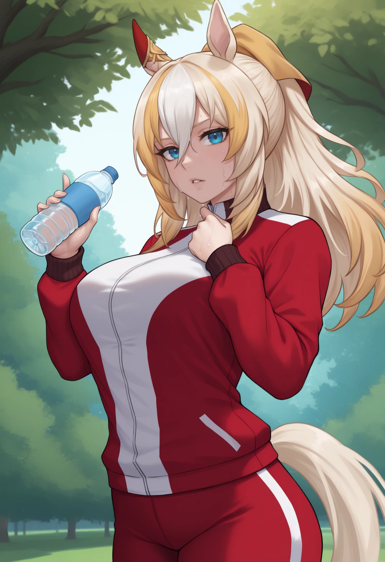 masterpiece, best quality, solo, 1girl, horse tail, sweat, parted lips, looking at viewer, standing, hand up, holding water bottle, long hair, streaked hair, blonde hair, white hair, hair between eyes, animal ears, ear ornament, blue eyes, track suit, red jacket, track jacket, long sleeves, red pants, outdoors, park, day, tree
<segment:yolo-Anzhc Face seg 640 v2 y8n.pt,0.4,0.5//cid=1>