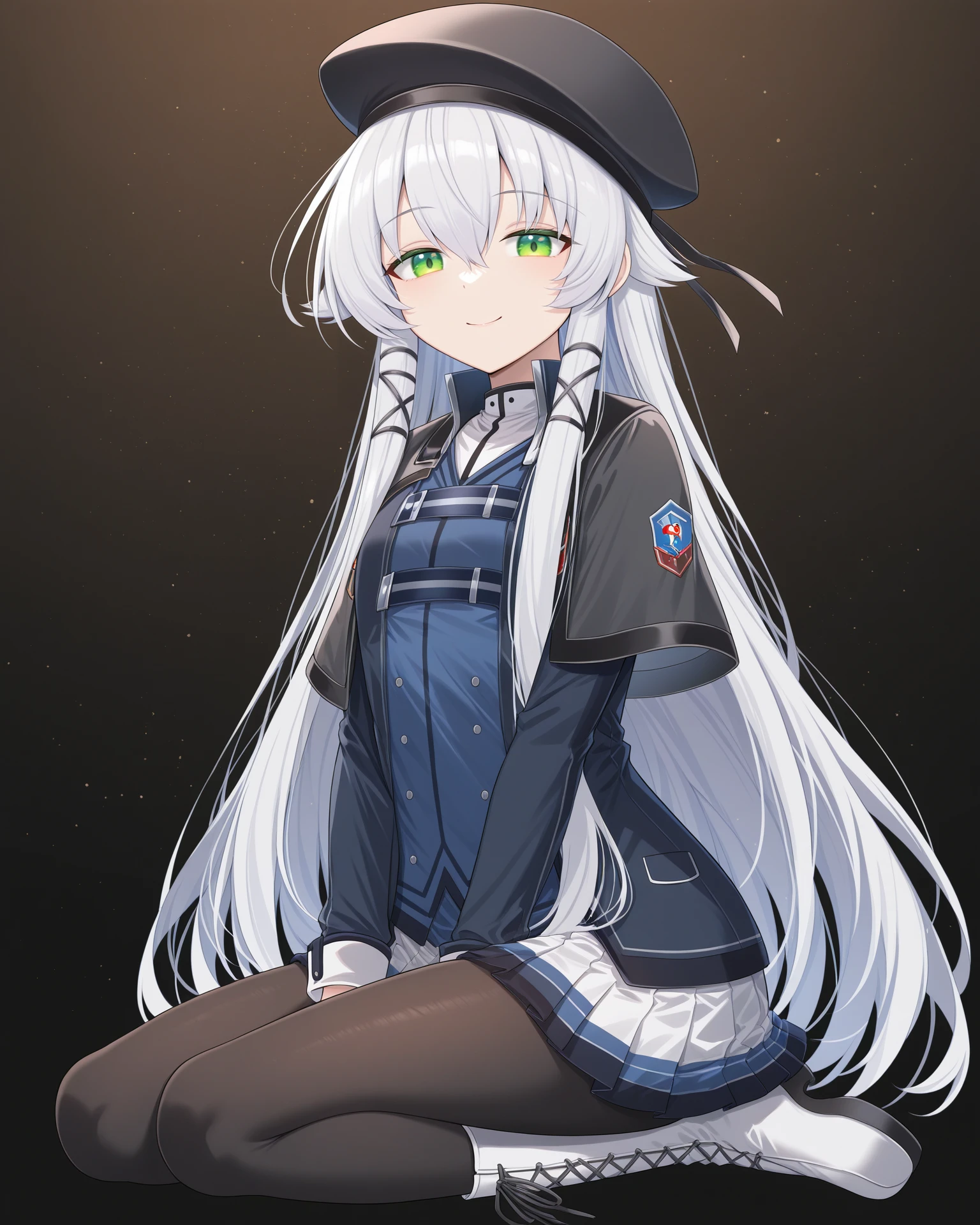 masterpiece, best quality, amazing quality, very aesthetic, absurdres, (by e.o.:0.7), (by chiharu \(9654784\):0.4), (by racoon-kun.:0.4),
1girl, solo,
<lora:AltinaOrionThors_Illustrious:1>, Altina Orion, white hair, long hair, sidelocks, tress ribbon, green eyes, flat chest, black hat, beret, blue shirt, school uniform, skirt, black pantyhose, white boots,
simple background, black background, particles, full body, sitting
looking at viewer, smile,