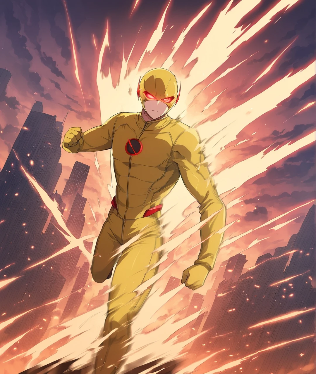 Anime Magazine cover of Reverse Flash with red glowing eyes and yellow leather suit and vibrating body, punching ground beneath him exploding whole city, anime style, <lora:Reverse_Flash_Lora:1>
