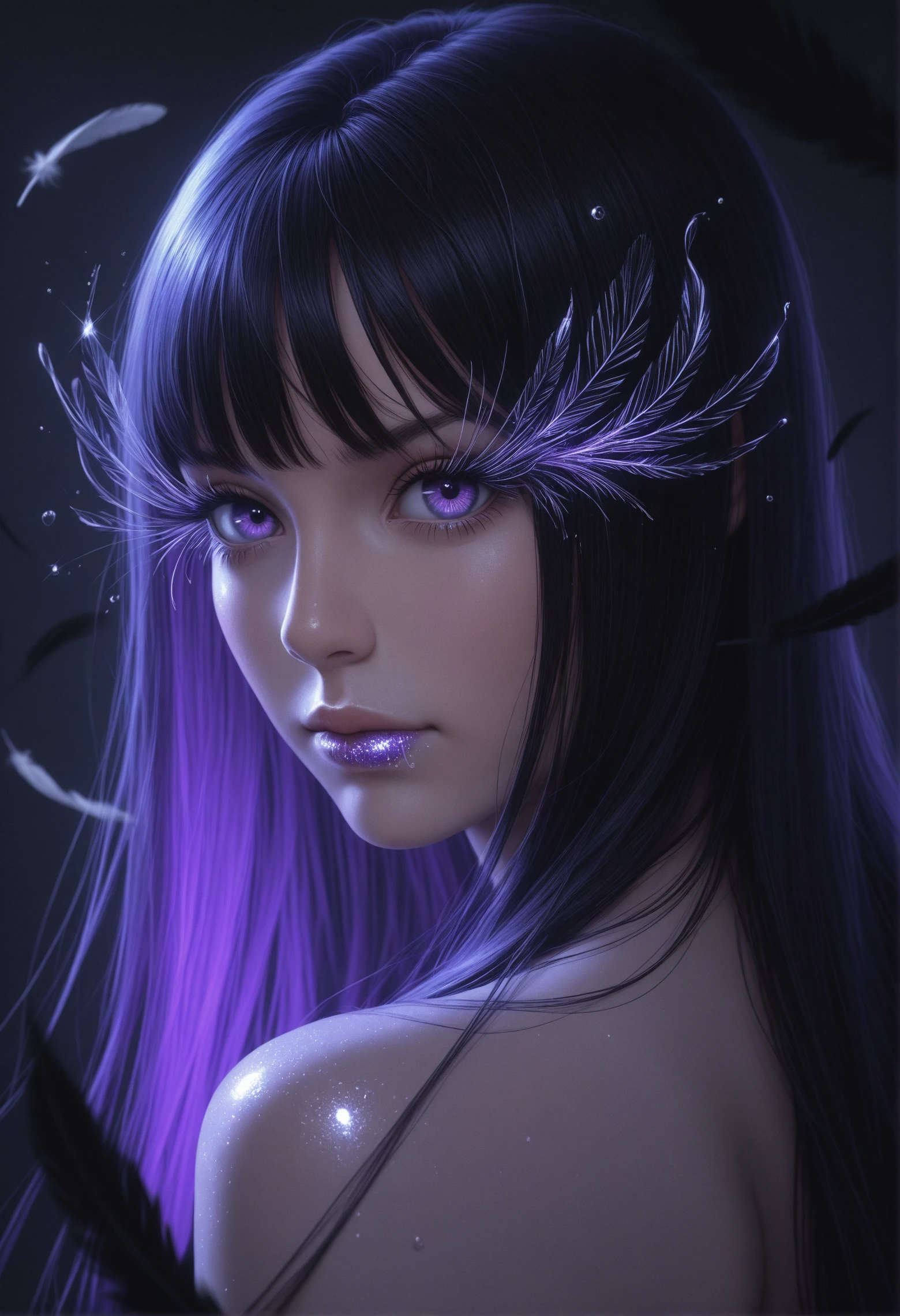 photorealistic 2.5D \(style\), masterpiece, best quality, 1girl, adult, face, portrait, looking at viewer, closed mouth, looking at viewer, detailed eyes, black ink, glossy, purple inked, splash, neon glow, glitter on lips, light feathers, black feathers, deep shadows, dark, high fashion cover shoot, dynamic motion, dynamic angle, depth of field, back view, over the shoulder view, very long hair, straight hair, eye lashes