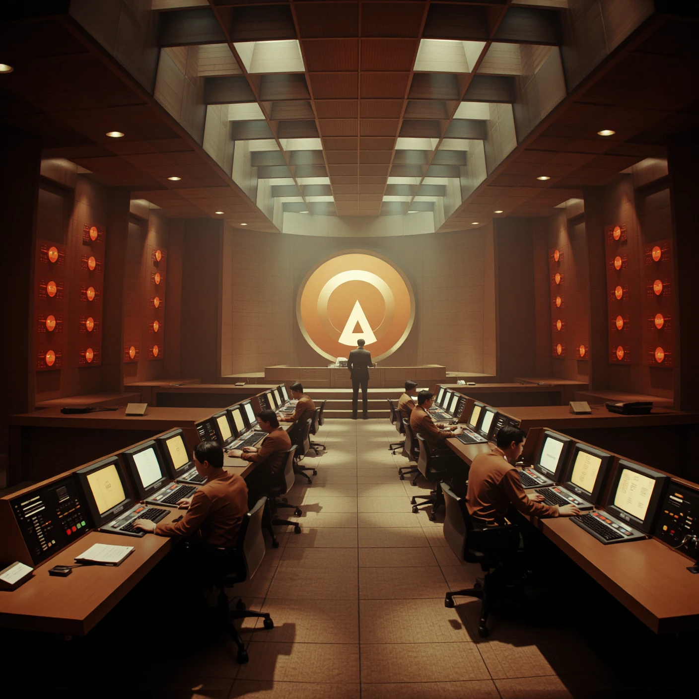 Retro-Futuristic Control Room in the Time Variance Authority Design Style
A sprawling TVA control room is shrouded in dim, rust-colored lighting, the eerie glow of CRT screens illuminating Brutalist concrete consoles lined with glowing orange switches and mechanical dials. The atmosphere is thick with the warmth of old machinery, the scent of dust and warm metal hanging in the air. Towering mainframe servers blink softly with deep red and amber lights, their outdated-but-powerful processing units humming beneath the weight of infinite timeline data. Rows of operators in brown polyester suits work in silence, their faces lit only by the monochrome glow of the TVA’s retro-futuristic surveillance systems.