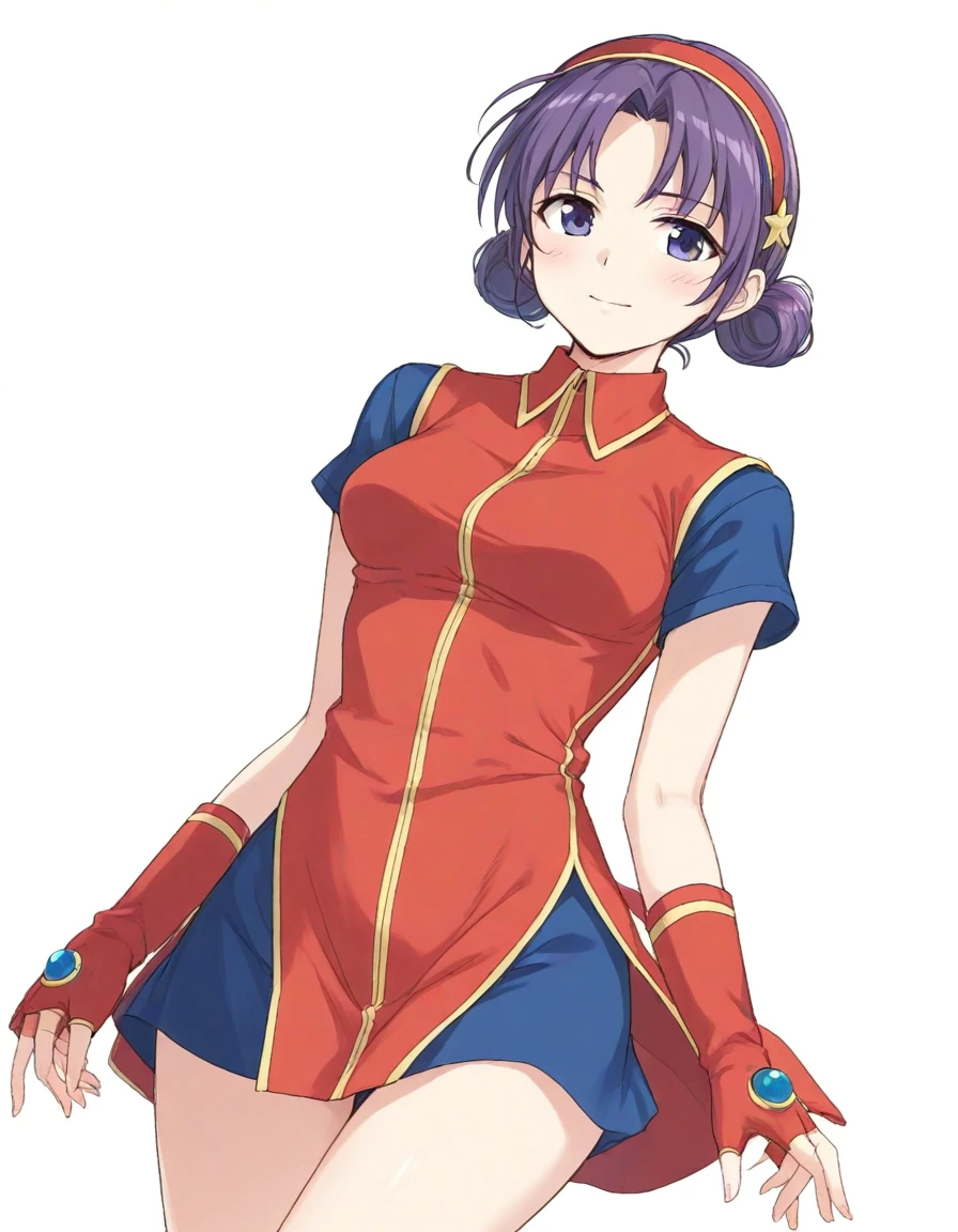 (extremely detailed CG unity 1080p wallpaper),(anime coloring),(masterpiece),(best quality),(ultra-detailed),(best illustration),(best shadow),(absurdres),(detailed background), <lora:OGT_Athena_Asamiya-v1:0.9> Athena Asamiya, 1girl, gloves, solo, fingerless gloves, purple eyes, purple hair, hairband, dress, short hair, looking at viewer, chinese clothes, breasts, medium breasts, china dress, covered navel, star hair ornament, hair ornament, bare shoulders, star (symbol), bangs, smile, short dress, thighs, shorts, red dress, red hairband, closed mouth, standing, cowboy shot