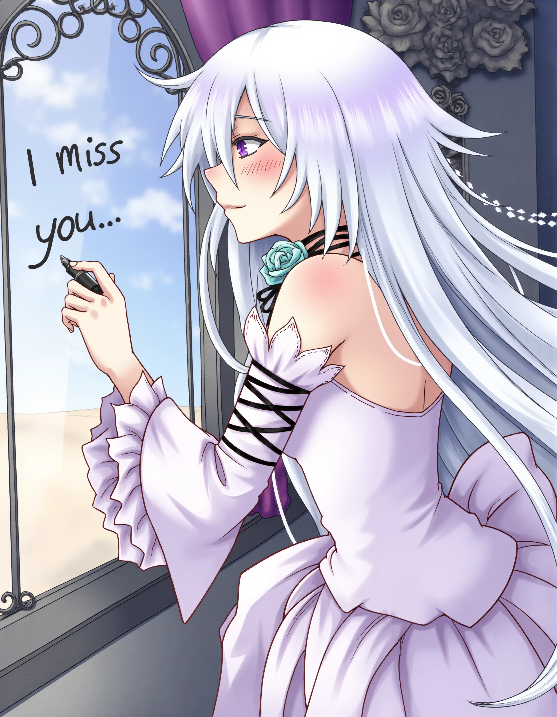 <lora:will-of-the-abyss-flux2:1>, WOTAPandora a girl in a white dress with long white hair draw on the window the phrase "I miss you..."