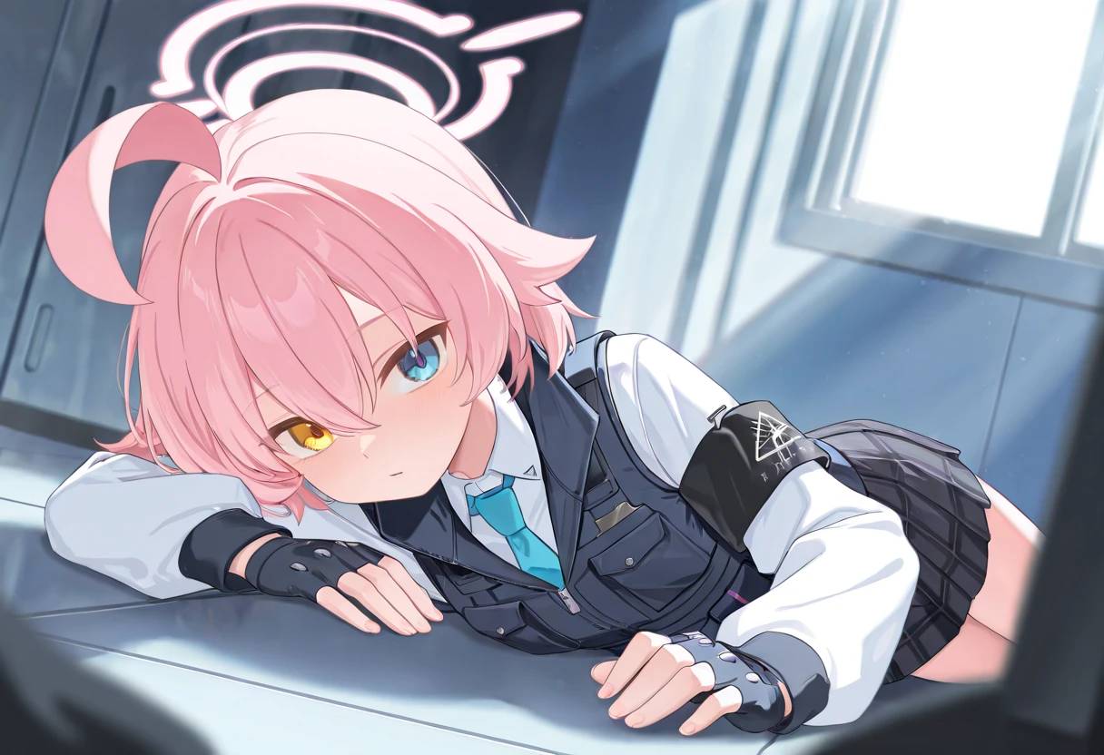 masterpiece, best quality, amazing quality, very aesthetic, high resolution, ultra-detailed, absurdres, newest, scenery, {Prompt}, BREAK, depth of field, masterpiece, best quality, amazing quality, very aesthetic, high resolution, ultra-detailed, absurdres, newest, scenery, volumetric lighting, takanashi_hoshino/(BA/),pink halo,1girl,pink_hair,short_hair,hair_between_eyes,halo,blue_eyes,yellow_eyes,heterochromia,armband,fingerless_gloves,long_sleeves,necktie,shirt,bulletproof_vest,skirt,small_breasts,lying
