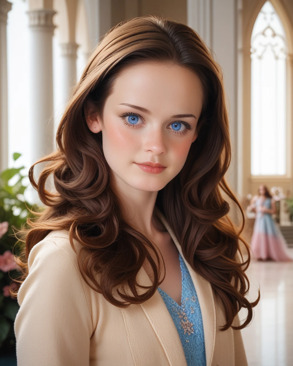 score_9,score_8_up,score_7_up,masterpiece,best quality,amazing quality, absurdres, <lora:100_alexis_3b_pdxl:1> alex1sbl3d3l, realistic, blue eyes, brunette hair, forehead, long hair, looking at viewer
