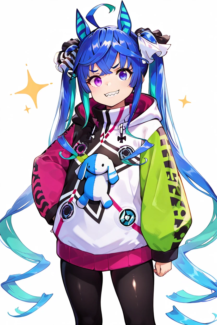 masterpiece, best quality, solo, curvy, beautiful eyes, zztwinturbo, aqua hair, twintails, heterochromia, purple eyes, blue eyes, sharp teeth, multicolored hoodie, black leggings, <lora:TwinTurboUmaMusumeIXL:1.0>, cowboy shot, hand on hip, smug, smile, looking at viewer, shiny skin,