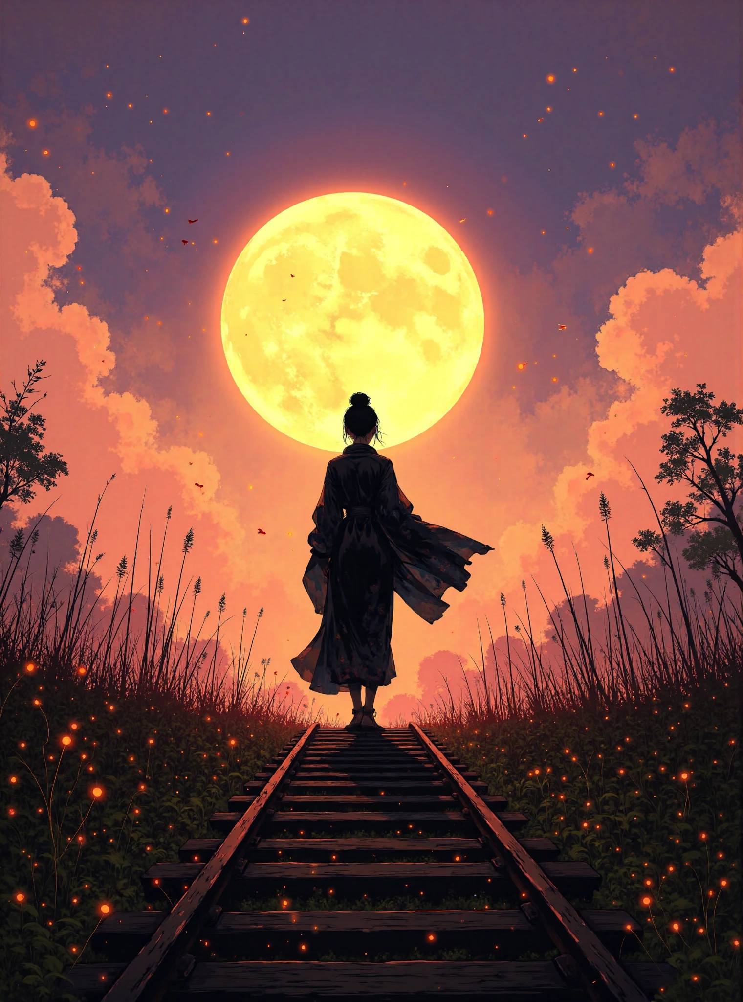 A breathtaking illustration of a lone figure walking along an old, abandoned railway track under a massive glowing full moon. The scene is set in a tranquil countryside during twilight, with the sky painted in warm shades of pink, orange, and soft purples, seamlessly blending into the dim horizon.
The figure wears a flowing black cloak that billows gently in the wind, adding a sense of mystery and solitude. Their silhouette is backlit by the radiant moonlight, which dominates the composition, casting a soft glow over the entire scene. The moon is incredibly large, with visible craters and a golden-orange hue that enhances the dreamlike quality of the setting.
The railway track is slightly weathered, with rusty rails and aged wooden planks, surrounded by overgrown grass and wildflowers. On either side of the track, patches of reddish-orange bushes and trees add depth and texture to the composition. In the distance, silhouettes of tall trees create a natural frame for the glowing moon.
Small details like the faint presence of fireflies, delicate glimmers of light in the grass, and a flock of birds flying across the moonlit sky enhance the magical and serene atmosphere. The overall mood is introspective and otherworldly, blending a sense of mystery and calm.
<lora:ì묵í_No2:0.8>