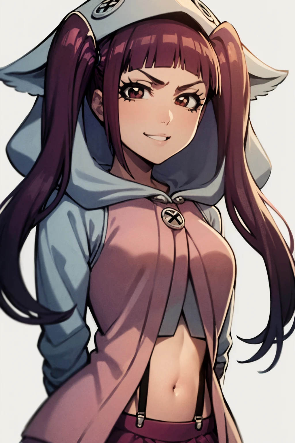 masterpiece, best quality,
1girl, rirukatybw, purple hair, blunt bangs, twintails, long hair, red eyes,
hoodie, white long sleeves, suspenders skirt, navel,
arms behind back, upper body,
smile, solo, looking at viewer, simple background, white background <lora:RirukaDokugamineV2_byKonan:1>