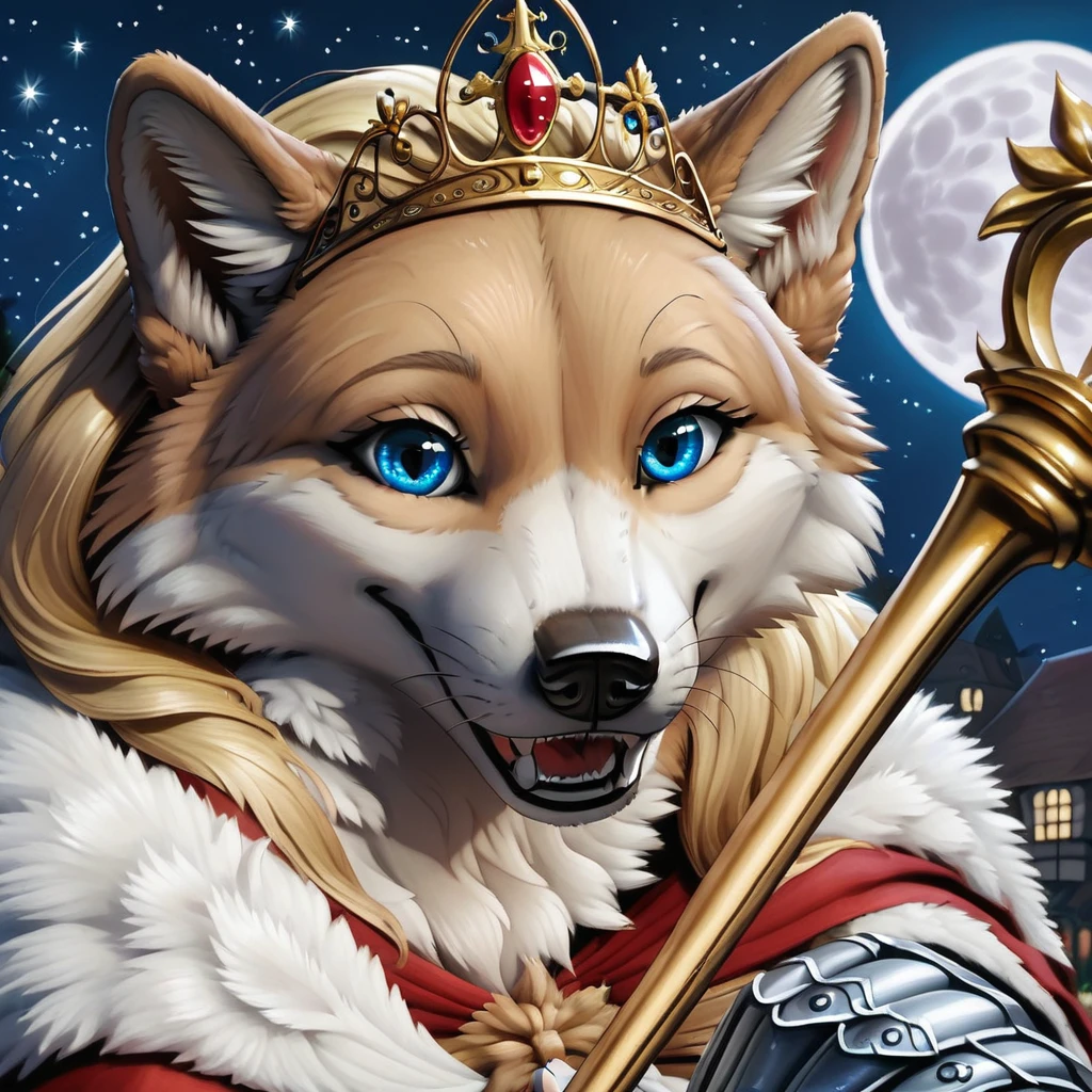 female wolf, artic wolf, voluptuous figure, tufted fur, tufted ears, cheast tuft, fluffy canine tail, detailed fur, detailed body, detailed face, open smile, long blonde hair, canine teeth, white and golden fur, blue eyes, golden tiara, golden knight armor, holding golden scepter, golden belt, white fur cape, white gloves, feminie sitting, whiskers, medium breasts, solo, seductive look, detailed background, feminine golden eyebrowns, medieval marketplace, night, stars, close-up, full moon,