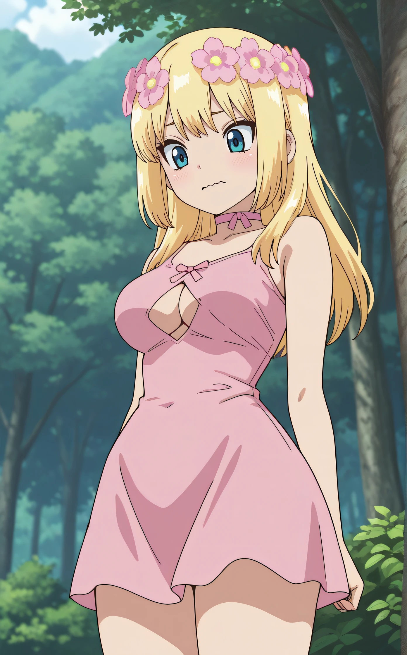 masterpiece, best quality, highres, newest, 1girl, solo, official style, anime screncap, <lora:IL_Kohaku:1>, kohaku, blonde hair, blue eyes, long hair, head flowers, pink flowers, pink dress, pink choker, underboob cutout, thighs, looking down , wavy mouth, closed mouth, cowboy shot, outdoor, nature, scenary, frontal view