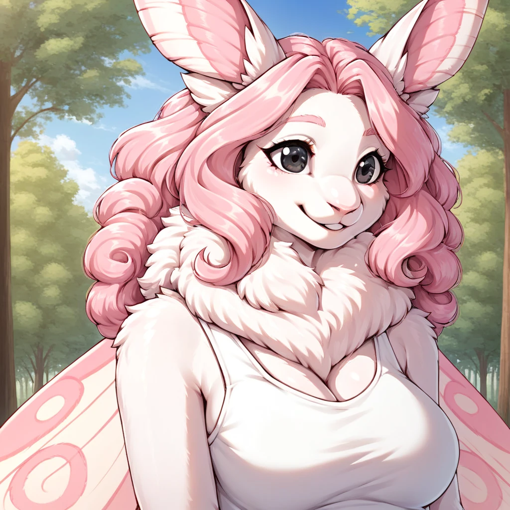 Anthro, moth, Sarah the moth(character), female, pink hair , neck fluff, black eyes, solo Upper body, outside, smile, blue sky, at the park, trees, white tank top