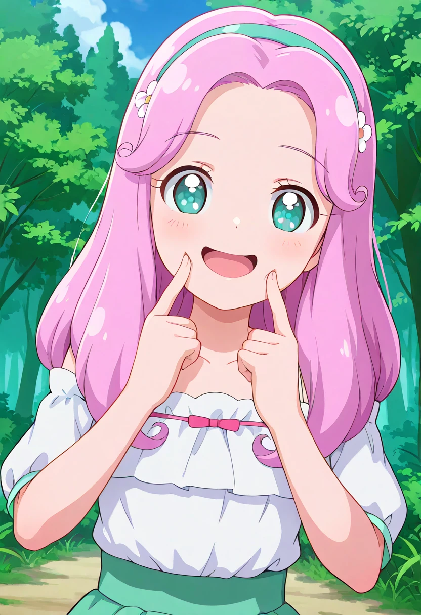 masterpiece, best quality, absurdres, very aesthetic, general,
hanami kotoha, casual, 1girl, solo, pink hair, open mouth, smile, long hair, green eyes, tree, hair flower, :d, looking at viewer, outdoors, upper body, blush, day, collarbone, pointing at self, pointing, fingers to cheeks, eyebrows visible through hair, white flower, shiny hair, white shirt, hands up, nature, happy, pink bow, forest, aqua eyes, white dress, blue sky, green hairband, puffy short sleeves, hair intakes, parted bangs, bright pupils, pink ribbon, off-shoulder shirt, white pupils, cloud, dot nose, blouse, flower in eye, eyelashes, anime coloring, fingersmile, curly hair, index finger raised, tongue, white blouse, white hairband, symbol in eye, blue hairband, aqua hairband, green skirt, high-waist skirt,
<lora:cure_felice_hanami_kotoha_illustXL_locon_v1:0.7>