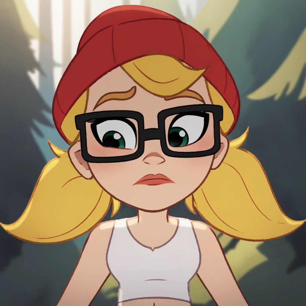 Ugly score_9_up, score_8_up, BREAK, Tricky, 1girl, solo, blonde hair, twintails, green eyes, glasses, red beanie, midriff, tank top, upper body, <lora:Tricky_SubwaySurfers_PXL_Leaf1:1>, forest,