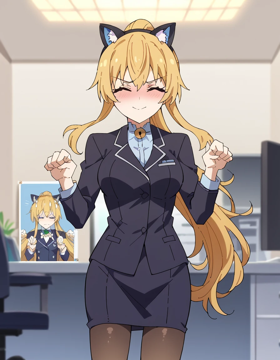 score_9, score_8_up, score_7_up, source_anime, <lora:artemisia-bell-ashcroft-s4s5-v2-ponyxl-lora-nochekaiser:1>, artemisia bell ashcroft, long hair, blue eyes, blonde hair, medium breasts, mature female, anime screencap, thighhighs, jacket, ponytail, pantyhose, formal, suit, skirt suit, black suit, office lady,, otaku room, posters, anime figures, computer, cluttered, smile, <lora:sad-cat-dance-ponyxl-lora-nochekaiser:1> sad cat dance, sad cat dance (meme), dancing, paw pose, palms together, bouncing breasts, neck bell, cat ear hairband, fake animal ears,, blush, closed eyes, embarrassed,, cowboy shot, looking at viewer,, looking at viewer, solo,, cowboy shot, solo
