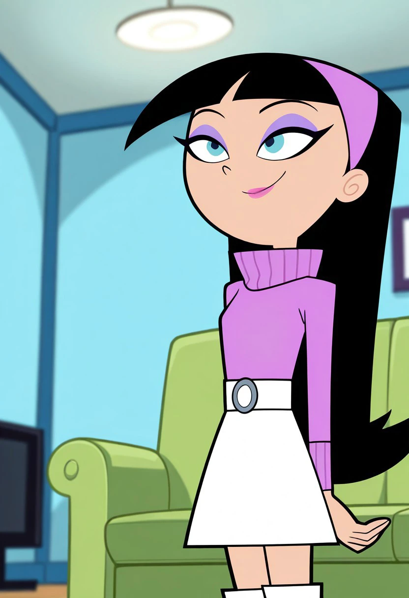 score_9,score_8_up,score_7_up,score_6_up,blurry,blurry background,source_cartoon,1girl,trixiet,solo,black hair,long hair,blue eyes,hairband,white skirt,makeup,eyeshadow,boots,sweater,turtleneck,smile,,posing,friendly,volumetric light,indoors,living room,cowboy shot, dutch angle