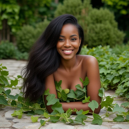 A High Resolution professional photoshoot of a 20 year old Black Ebony woman with long, dark brown hair lying on a stone pathway covered with green ivy. She is nude, with vines wrapped around her body, and she is smiling directly at the camera. Her skin is dark, and her breasts are small to medium size. The background features lush greenery and a winding stone path, suggesting an outdoor garden setting. The image is artistic and natural, focusing on the harmony between the human form and nature. Leaves_&_vines_attire
