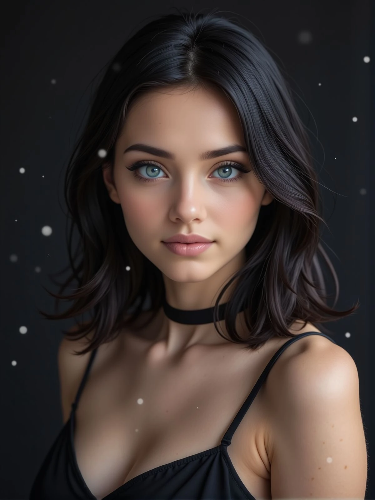 Sharp close portrait of a young elegant woman.  She is looking at the viewer and wearing a dress and a choker. There is a black wall behind her and magical floating particles. <lora:woomy-1-flux:1> blue eyes, black hair, medium hair,