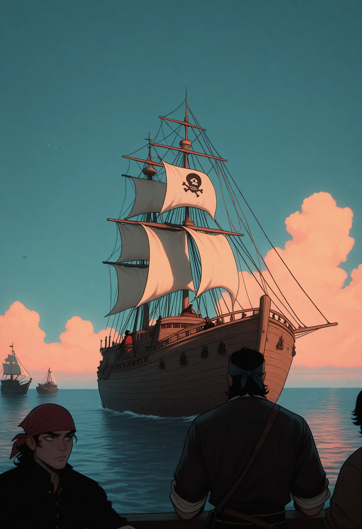 <lora:NeoArcanaIllustriousXL:1> n3oarc4na,
multiple boys, bandana, 3boys, ship, watercraft, black hair, pirate, sky, masterpiece, best quality, amazing quality, intricate detail, highly detailed, absurdres,