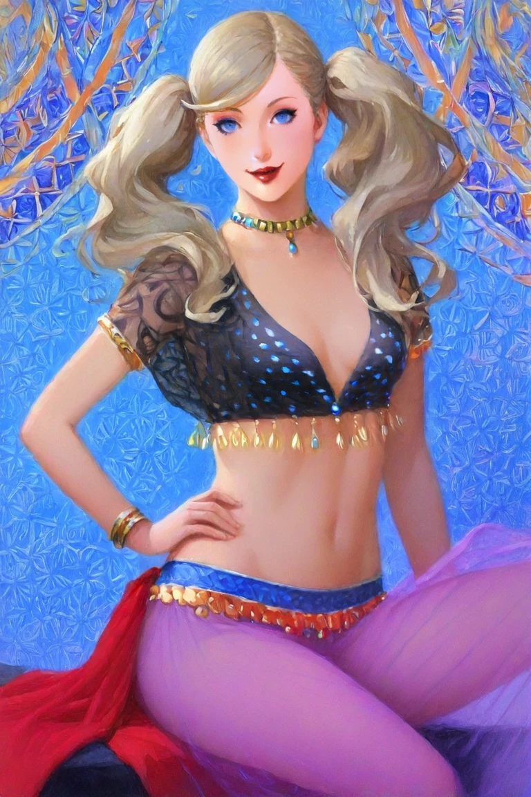 oil painting \(medium\), traditional media, realistic, arabian clothes, see-through pants,
cover, scan, vintage, 1girl, takamaki anne, twintails, persona 5, slavekini, sitting, red lips, smile, makeup, hand on hip, abstract background, blue background cowboy shot
<lora:Konstantin_Razumov_IL-000011:1>, masterpiece, best quality, newest, absurdres, highres