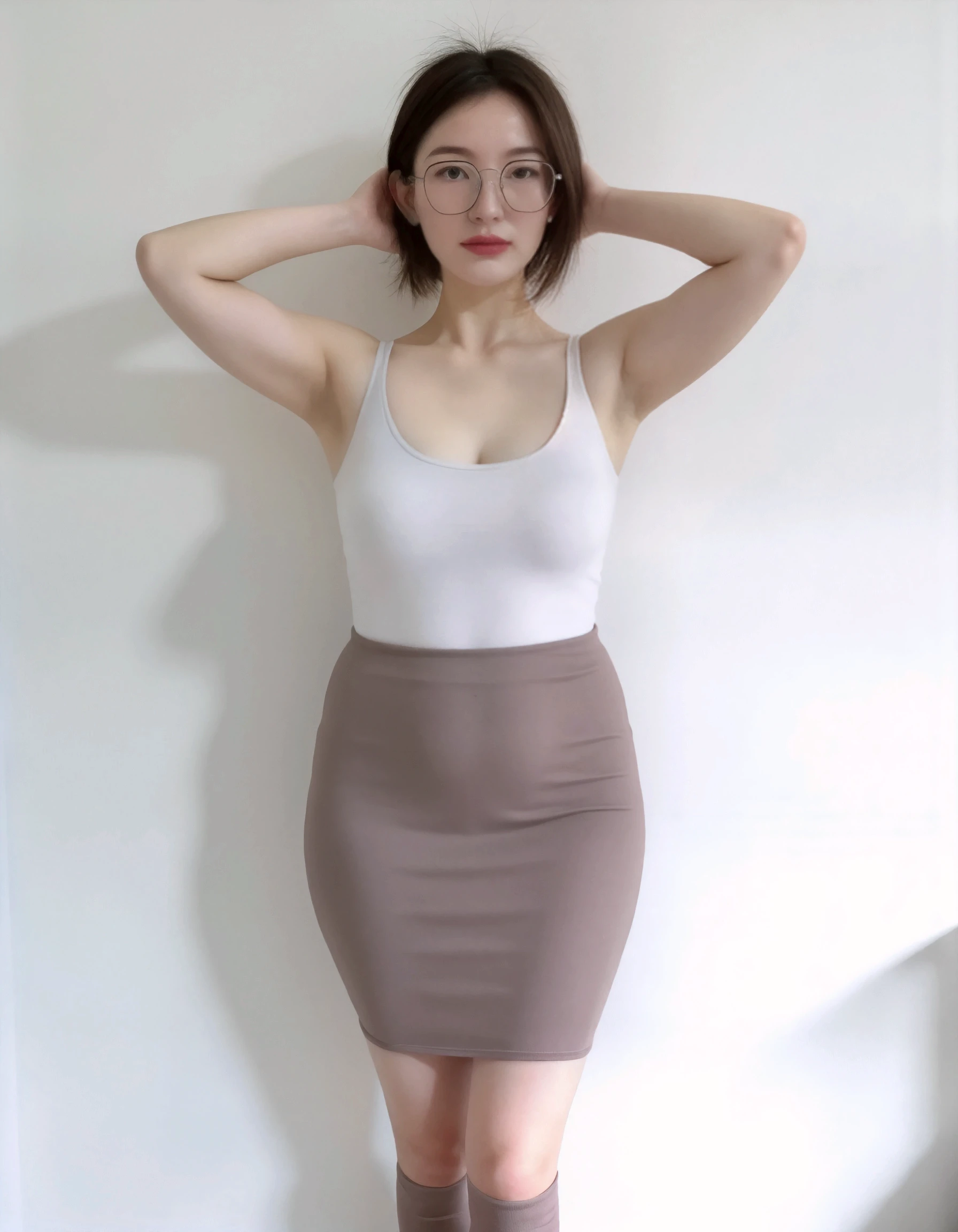 Arafed woman in a skirt and white tank top posing for a picture - SeaArt AI