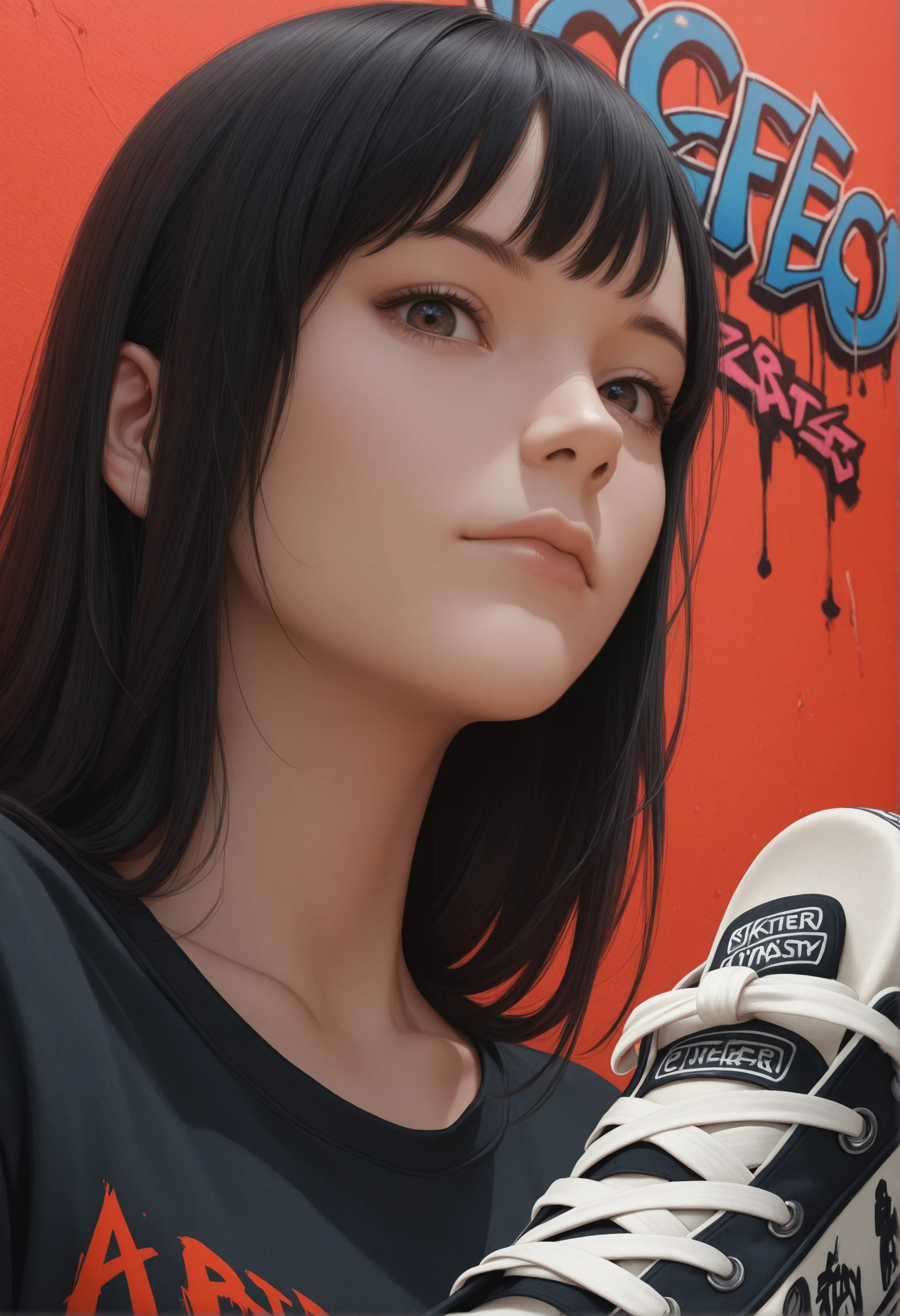 realistic 2.5D \(style\), masterpiece, best quality, 1girl, adult, face, portrait, looking at viewer, closed mouth, looking at viewer, detailed eyes, fantasy, from below, feed view, sneaker, graffiti, skater girl, asian, cyberfuturistic, red background, close up
