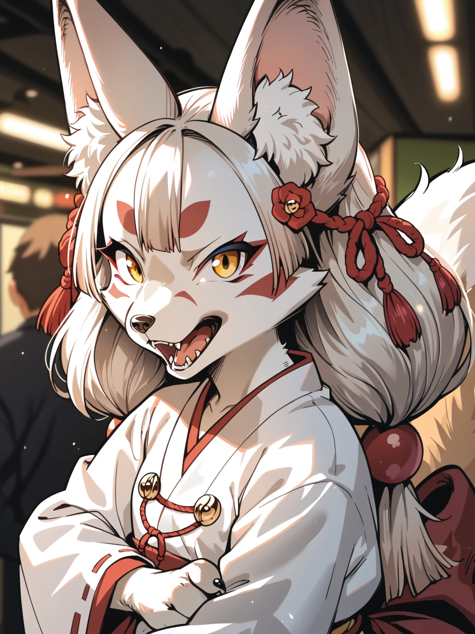 <lora:happy_tentacle-junkohaku-v0.1:0.9>, ht_junkohaku, hair ornament, jingle bell, fox tail, yellow eyes, small breasts, white fur , angry, open mouth, indoors, train cowboy shot, 1girl, (petite:1.2), solo focus, (looking at viewer:1.1), , (depth of field:0.8), , [(realistic, photorealistic:1.2):(realistic:1.3):22], [(3d:1.2)::10], <lora:LUUNA's Lunas-NijiJourney-SDXL-B2:0.6>, nijijourney, <lora:prgfrg23's Counterfeit-V3.0 Style SDXL_LoRA_Pony Diffusion V6 XL:0.3> score_9, score_8_up, score_7_up, score_6_up, score_5_up, score_4_up