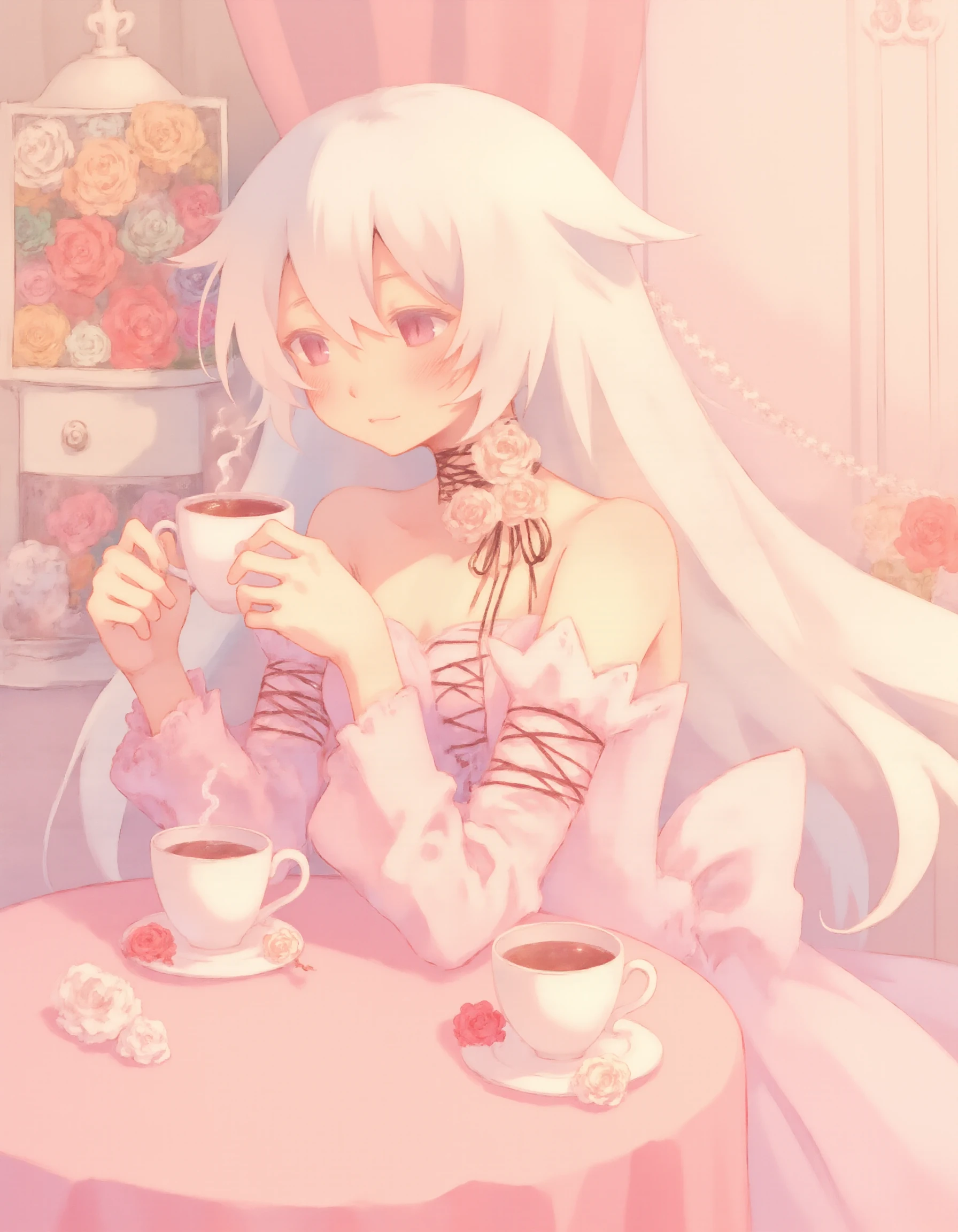 <lora:will-of-the-abyss-flux2:1>, WOTAPandora a girl with long white hair is sitting at the table with one cup of tea <lora:Soft_Pastels_Anime_-_FLUX:1>, soft pastel anime