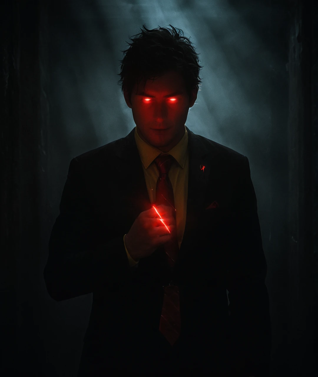 Dark photo, A man in yellow tie and black suit wearing showing his lightning symbol ring glowing red in finger to camera in front of him like crazy emitting red lightning out of his body in a foggy dark atmosphere <lora:Reverse_Flash_Lora:1> <lora:Into_Darkness:1>