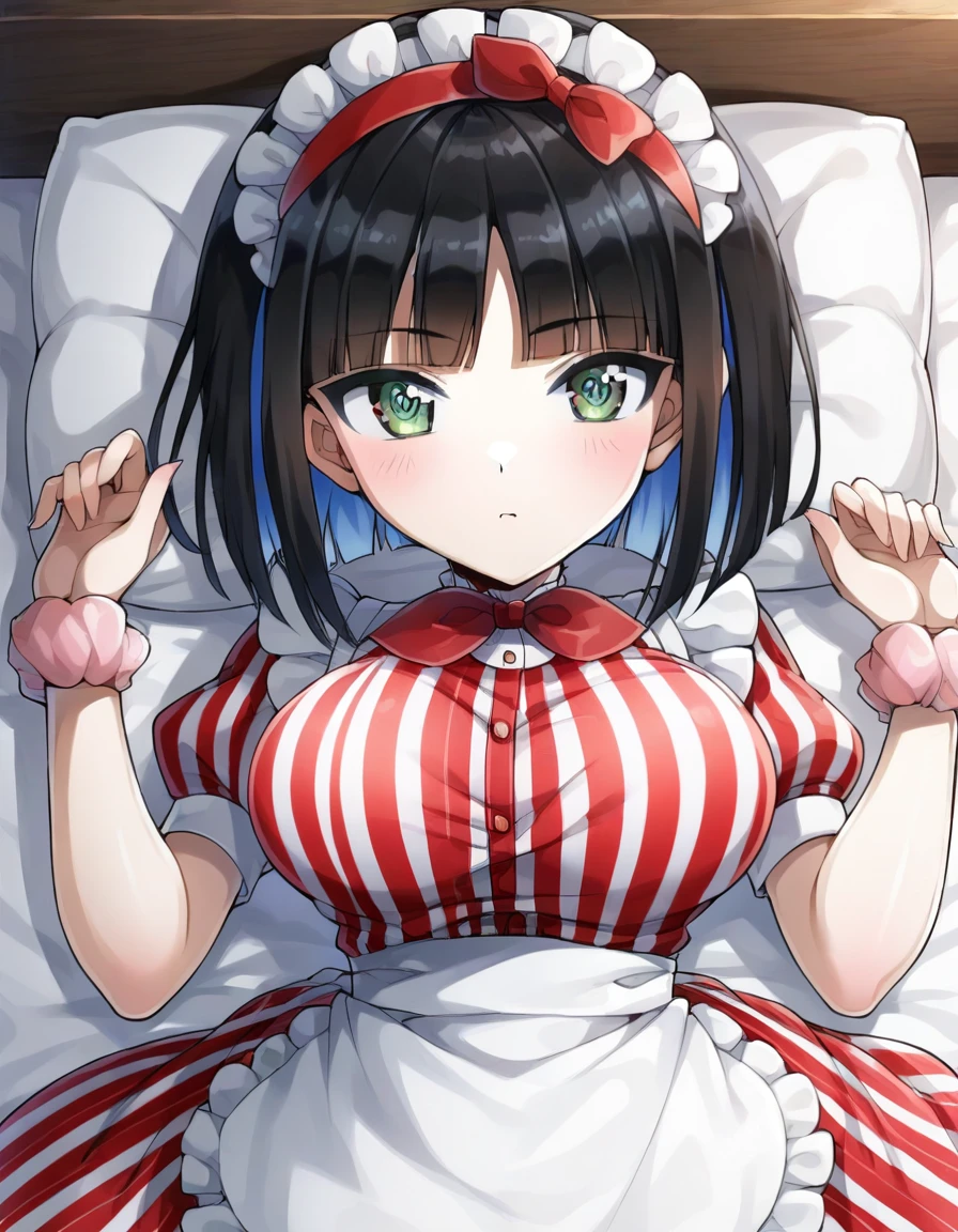 score_9, score_8_up, score_7_up, source_anime, rating_safe,
1girl, eines, crosshair pupils, black hair, short hair, bob cut, blunt bangs, colored inner hair, parted bangs, large breasts,
red vertical-striped dress, pink wrist scrunchie, waist apron, red bowtie, bow hairband,
lying, on bed, facing viewer, looking away,
blush, on back, room, indoors,