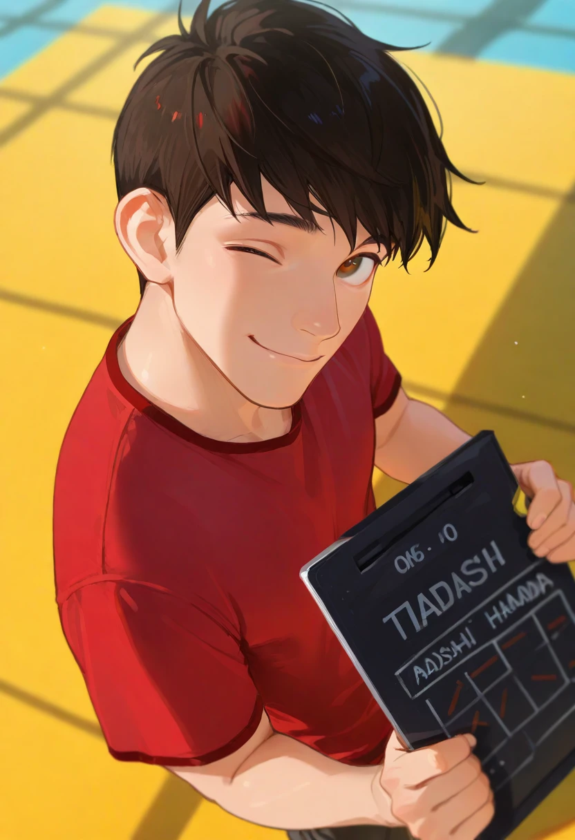 embedding:Illustrious\Positive\IllustriousQual, embedding:Illustrious\Positive\IllusP0s, 1boy, male focus, solo, tadashi_hamada, short hair, red shirt, wink, holding clapper board, from above, dynamic angle, look at viewer, depth of field, masterpiece, high resolution, best quality