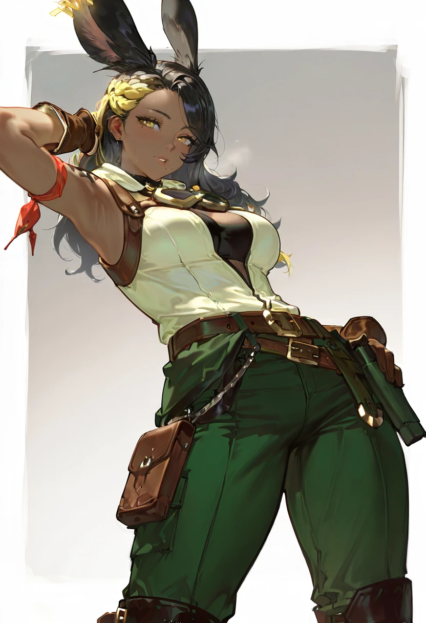 cahc1ua,cahc1uadrip,solo,long hair,braid,multicolored hair,mole under mouth,black hair,yellow eyes,lips,boots,belt,green pants,dark skin,brown gloves,viera,open clothes,red armband,shoulder tattoo,goggles,mature female,thick thighs,upper body,looking at viewer,cowboy shot,
<lora:cahciuaIL:0.8> very awa, masterpiece, best quality, amazing quality, very aesthetic, absurdres, sensitive, newest <lora:spo_sdxl_10ep_4k-data_lora_webui:0.7>,