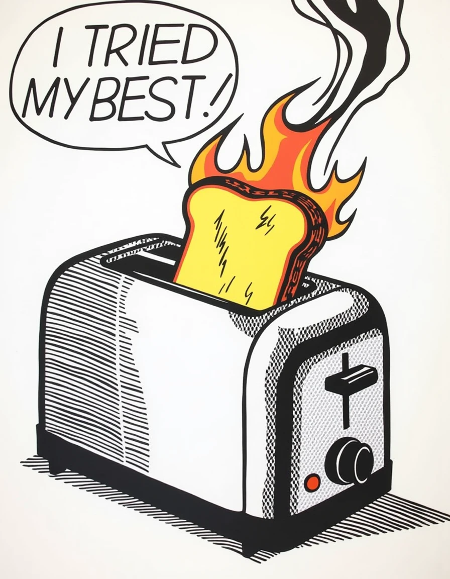 a dilchtnstn style pop art drawing drawing, <lora:Roy-Lichtenstein_v20-000037:1>, A toaster ejecting burnt toast, smoke rising dramatically, a speech bubble saying, "I TRIED MY BEST!" close-up, straight-on angle