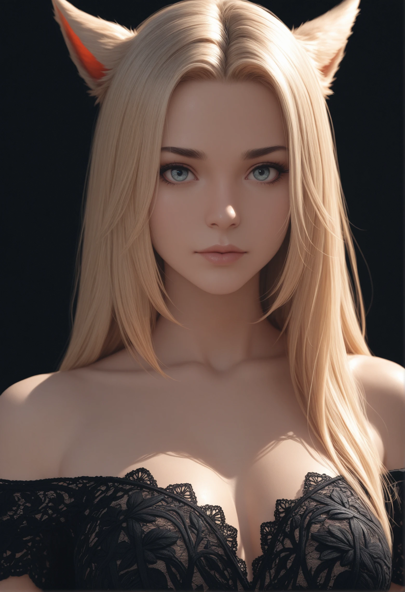 realistic 3D \(style\), masterpiece, best quality, 1girl, face, portrait, looking at viewer, closed mouth, miqo'te, ffxiv, a woman wearing lace dress, off the shoulder, black background, abstract background, dynamic motion.
looking at viewer, detailed eyes, eyelashes, seablue eyes, fake lashes, peach lips, luminous lips., long hair, straight hair, very long hair, blonde hair, black eyebrows,thick eyebrows,
A professional, high-quality, hyper-realistic upper body shot of a woman, hip shot. The image features ultra-detailed eyes, realistic skin texture, intricate facial features, and cinematic lighting. Shot in low light with a Nikon Z7 II and a NIKKOR Z 85mm f/1.4 lens. Masterpiece-level, sharp and photorealistic, fine art photography style.