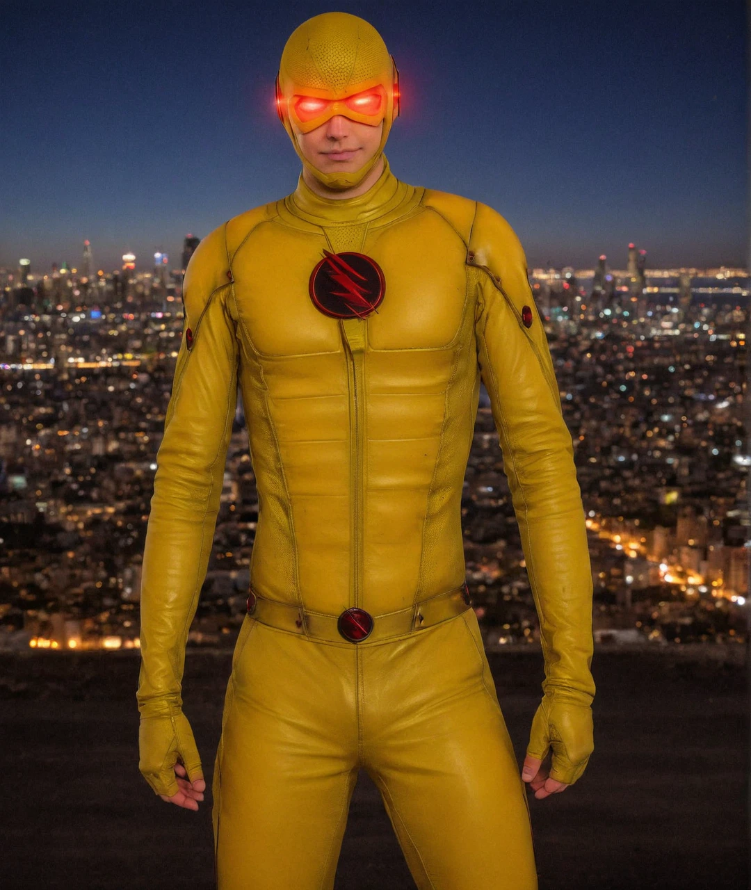 Upper body shot, Anime Magazine cover of Reverse Flash with red glowing eyes and yellow leather suit and vibrating body, standing in middle of a city, anime style, <lora:Reverse_Flash_Lora:1> <lora:Multiset_clothing:1>