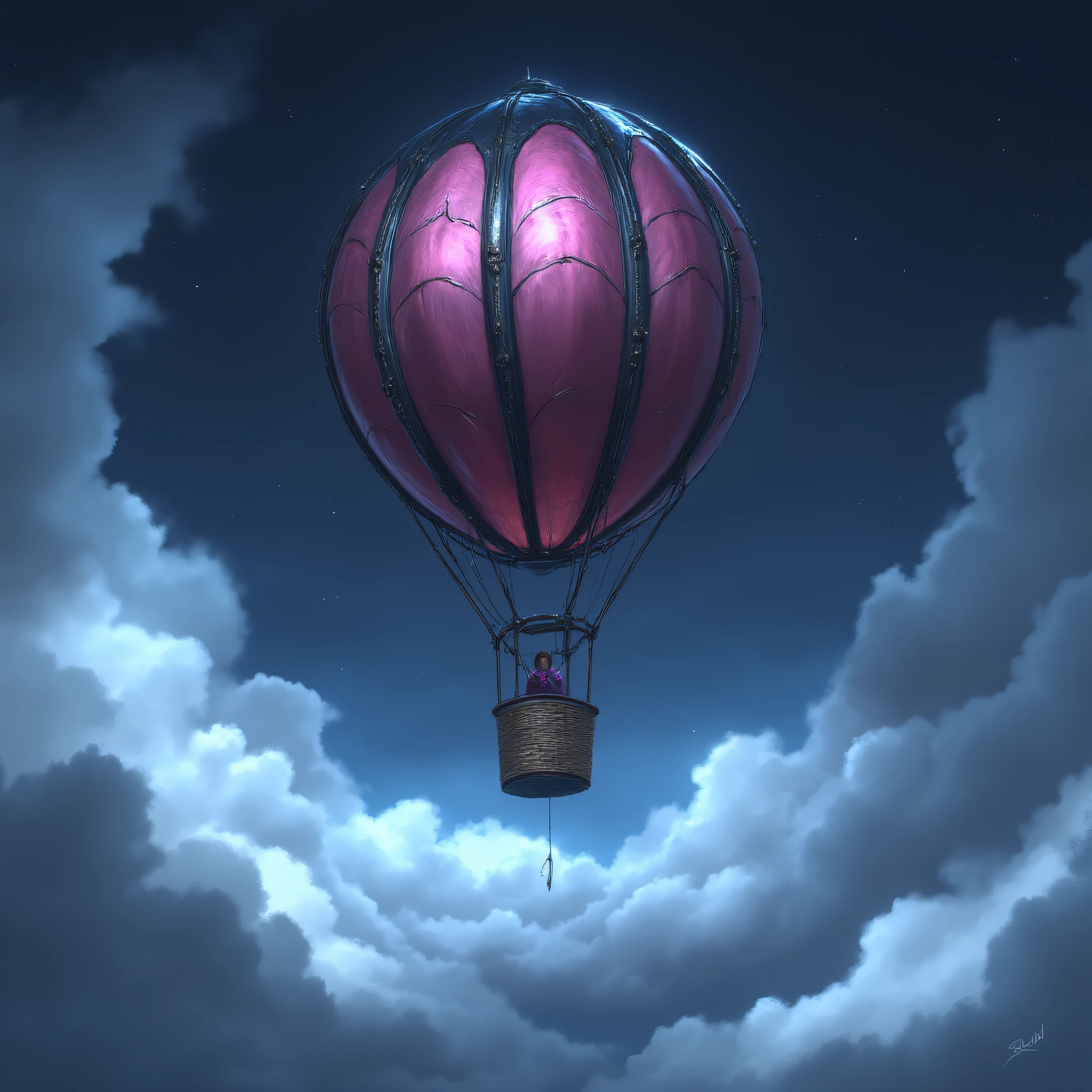 ArsMJStyle, Crimson Luminary, The image shows a hot air balloon flying through a cloudy sky with a person in the balloon creating a beautiful and animated scene., cloud, sky, cloudy sky, no humans, night, flying, outdoors, aircraft, fantasy, above clouds
